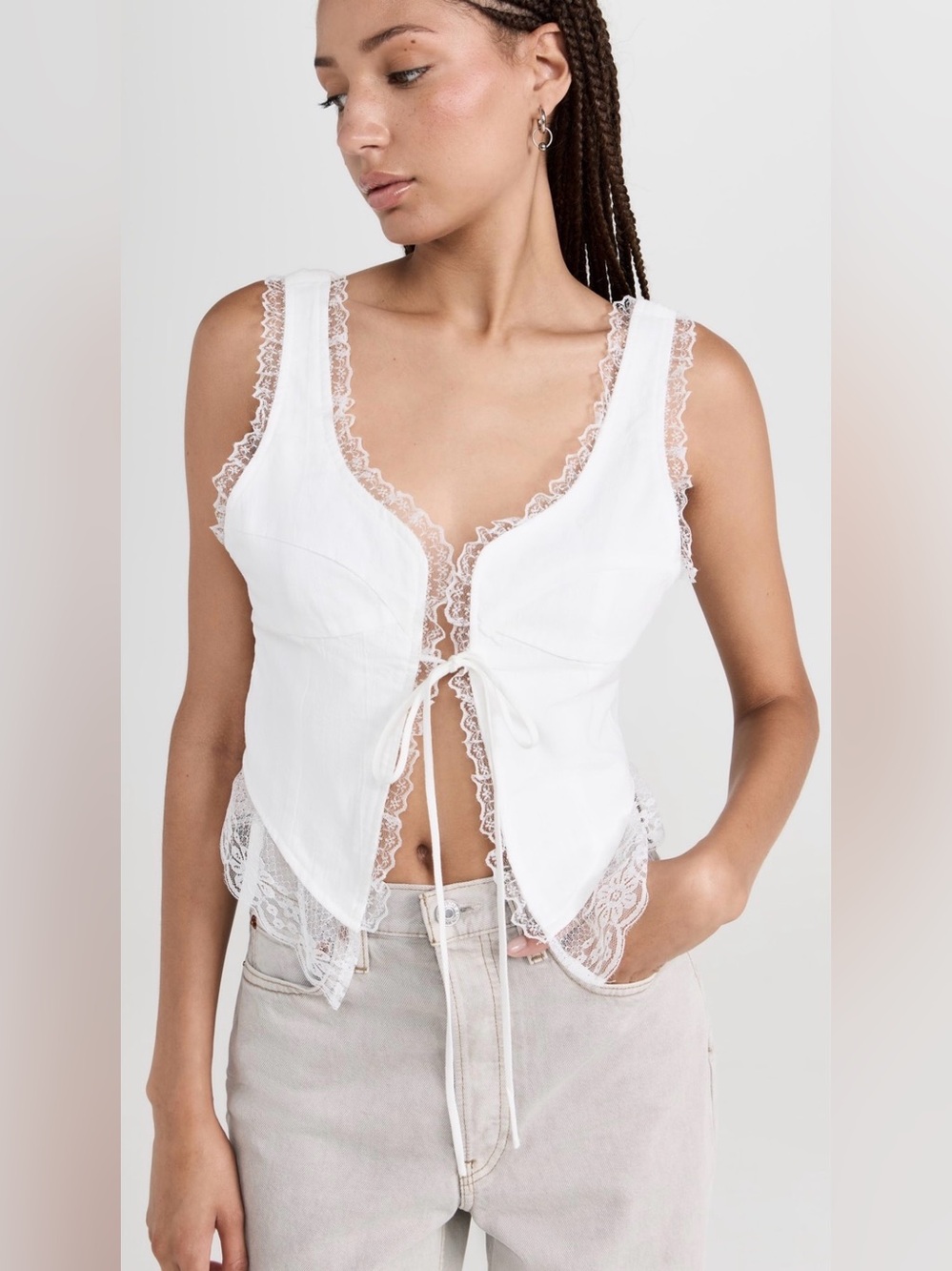 Lioness White Lace-Trim Tank with Corset Tie - Picture 1 of 7